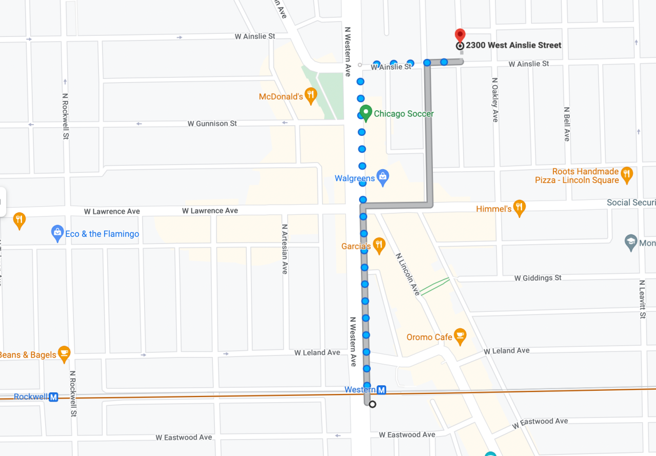 The rectory is located 0.4 miles from the Western Brown Line station, and a block from 24-hour bus routes on Lawrence and Western avenues. Image: Google Maps
