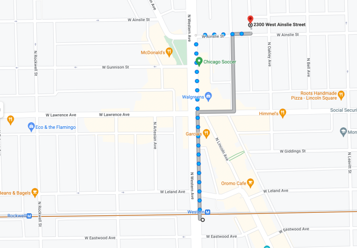 The rectory is located 0.4 miles from the Western Brown Line station, and a block from 24-hour bus routes on Lawrence and Western avenues. Image: Google Maps