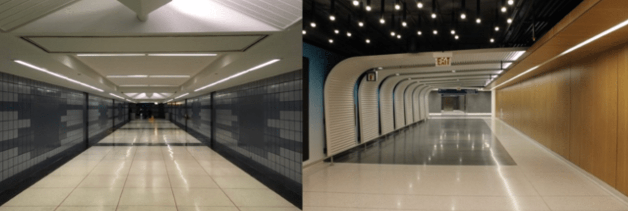 Before and after views of one of the rehabbed tunnel linking terminal one to the Blue Line station. Image: CDA