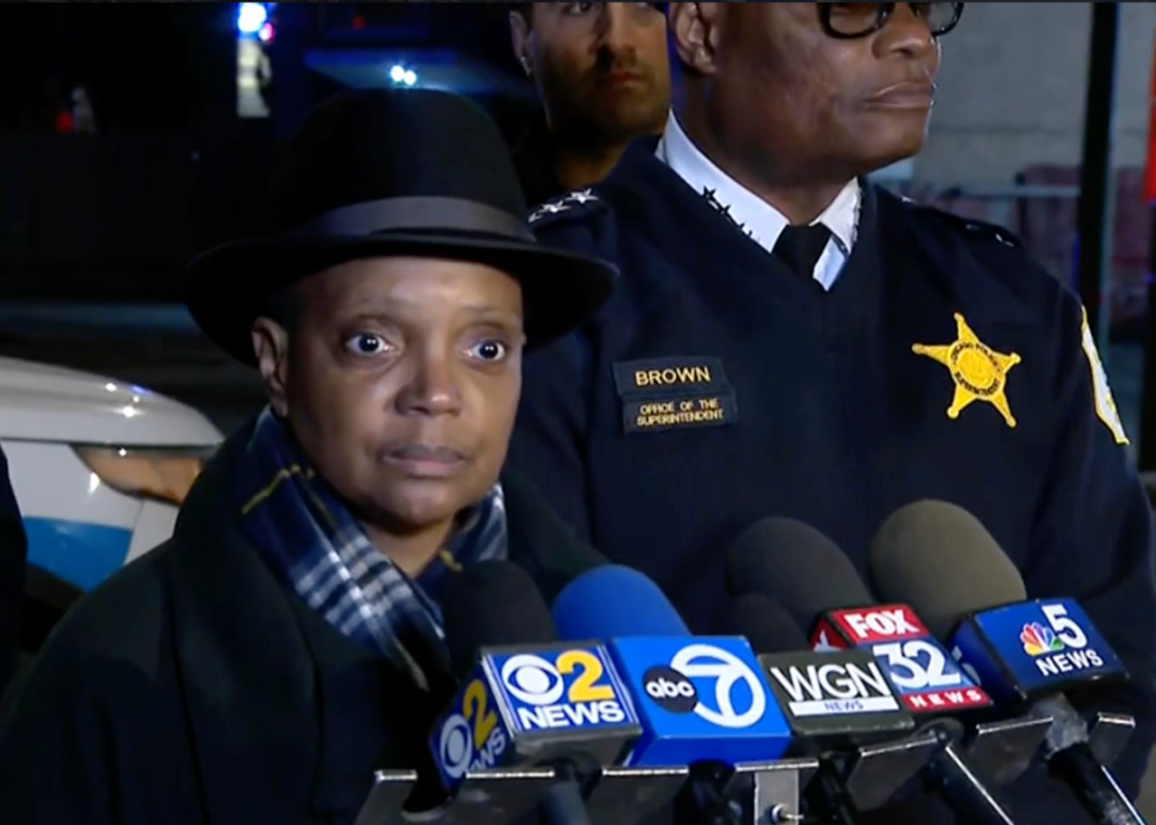 Mayor Lightfoot as the press conference with police chief David Brown. Image: CBS Chicago