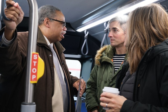 Carter, La Spata, and Biagi onboard a #66 bus. (Drinking non-alcoholic beverages is banned on CTA vehicles, although not in stations. Drinking booze is banned on all CTA property.) Photo: CTA