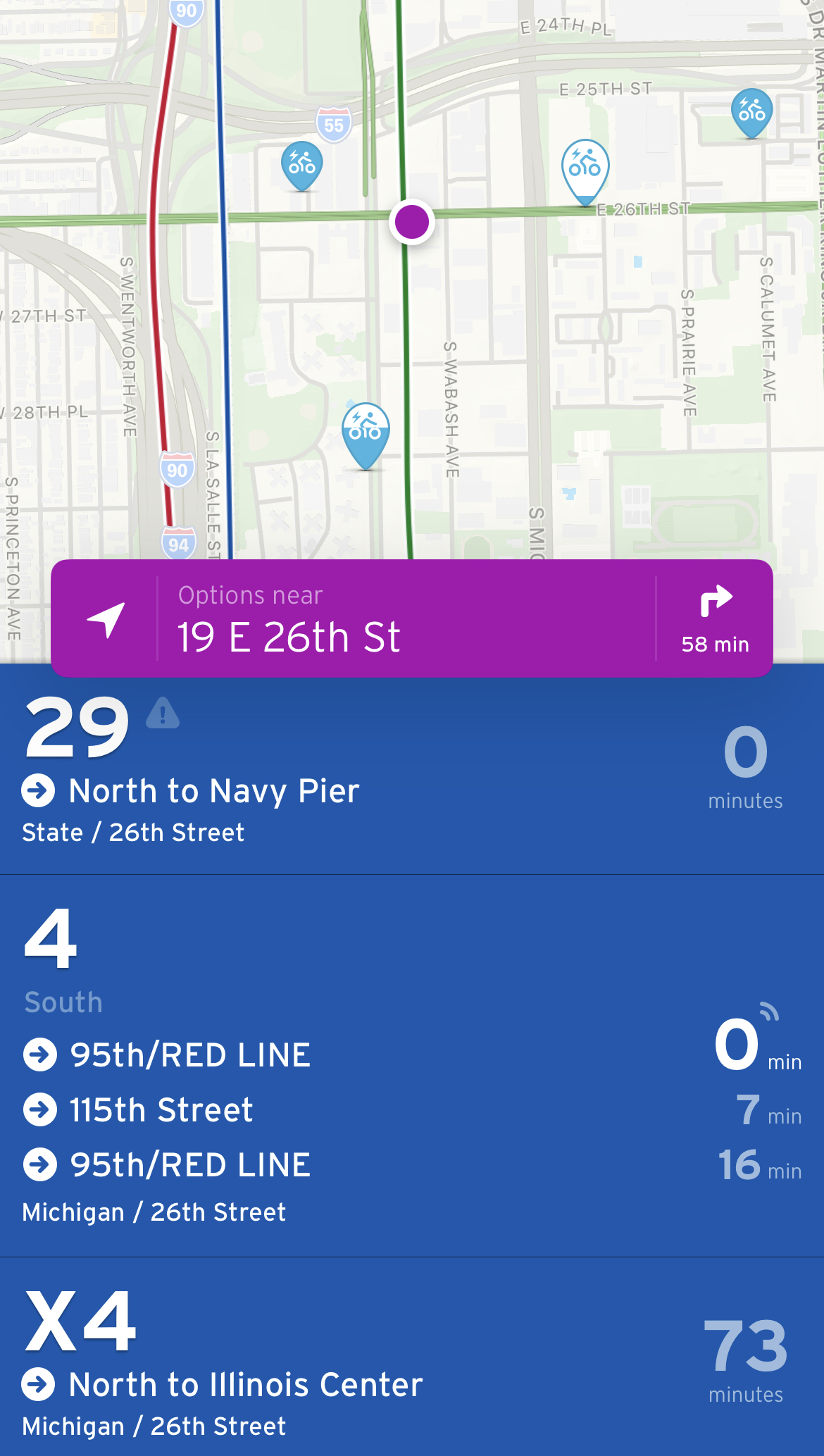 A Transit App screen in Chicago's South Side Bronzeville neighborhood.