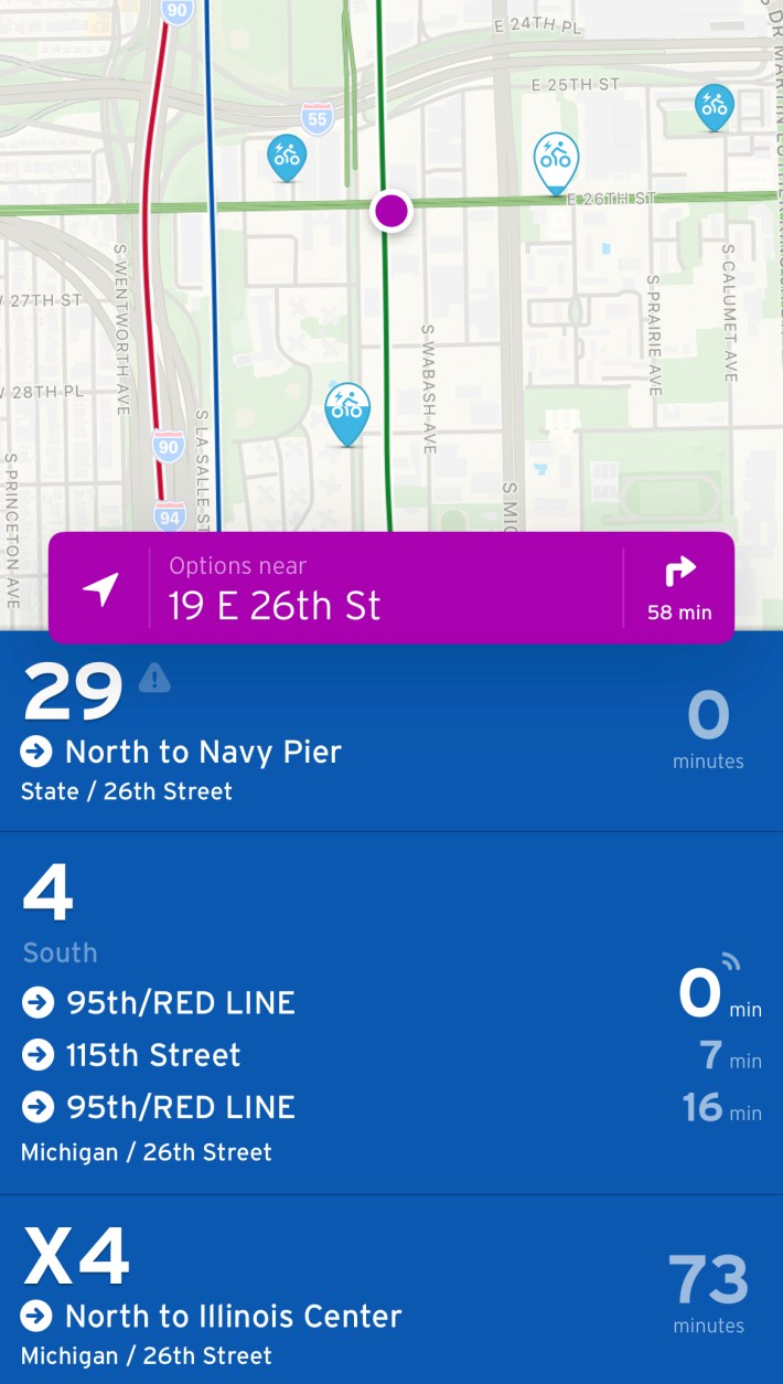 A Transit App screen in Chicago's South Side Bronzeville neighborhood.