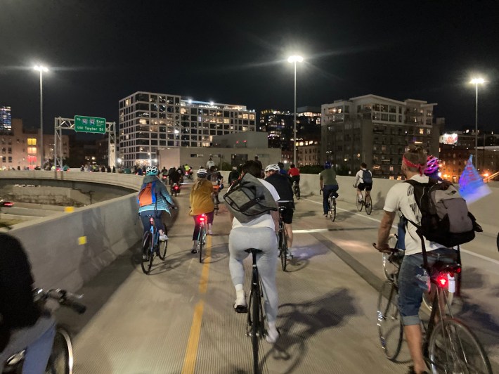 Chicago Critical Mass rides on an access ramp of the interchange during the 25th anniversary ride last September. Photo: John Greenfield