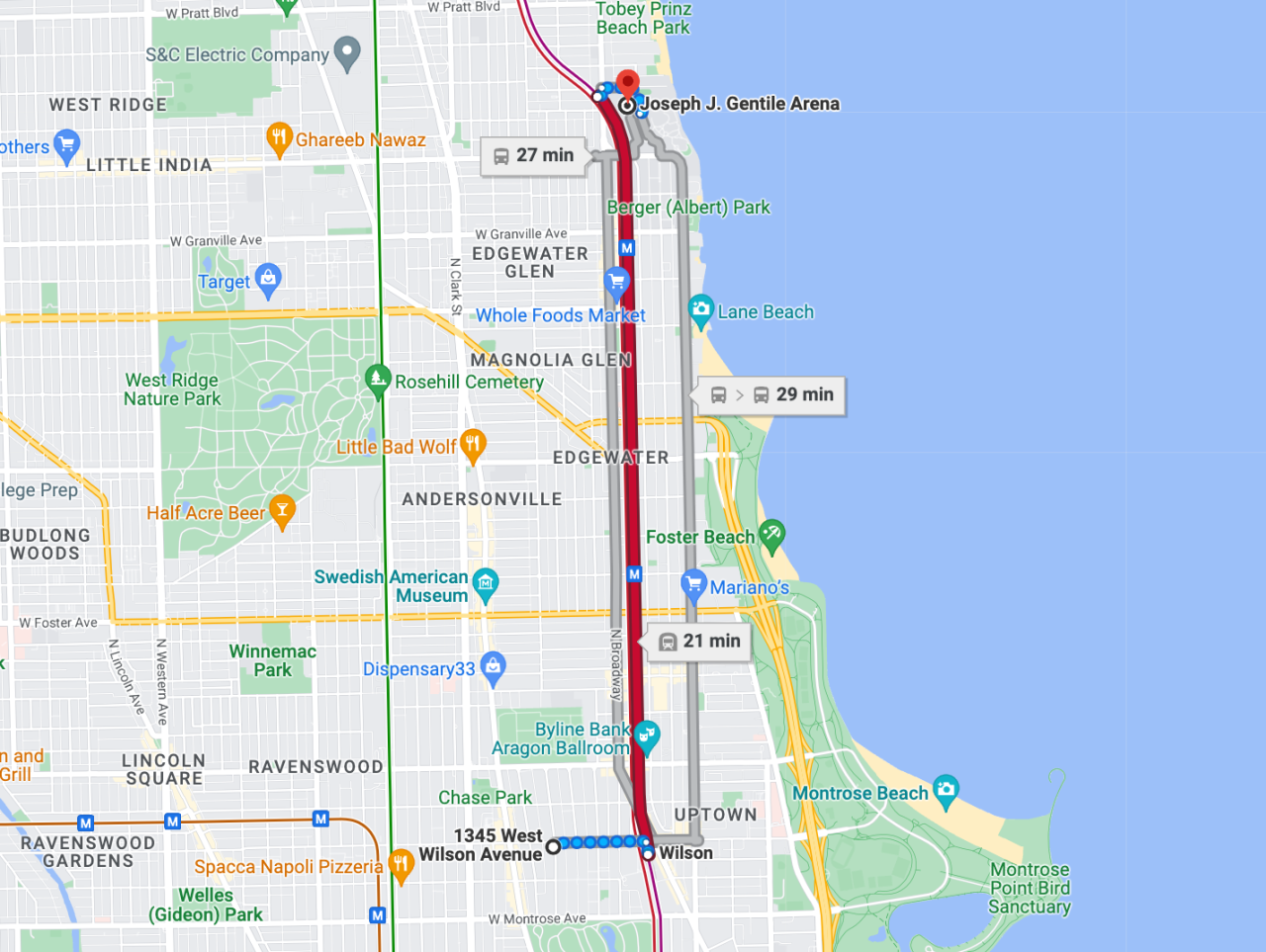 CTA options between the Loyola basketball arena and Uptown. Image: Google Maps