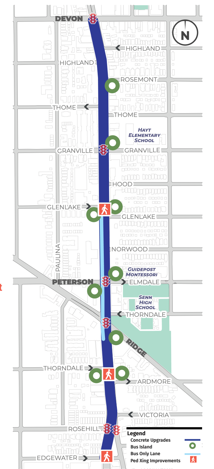 The bus boarding island (green circles) and pedestrian island (red square) locations. Image: CDOT