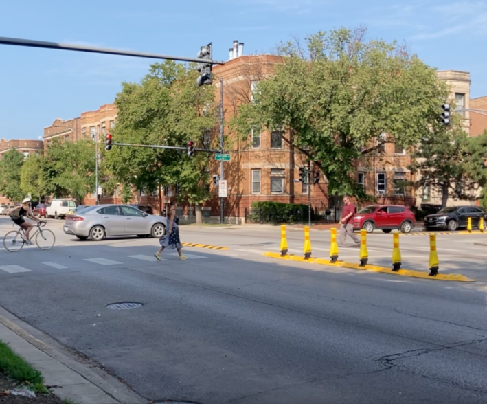 Left Turn Traffic Calming at Wilson and Ashland avenues in Uptown. Image: John Greenfield