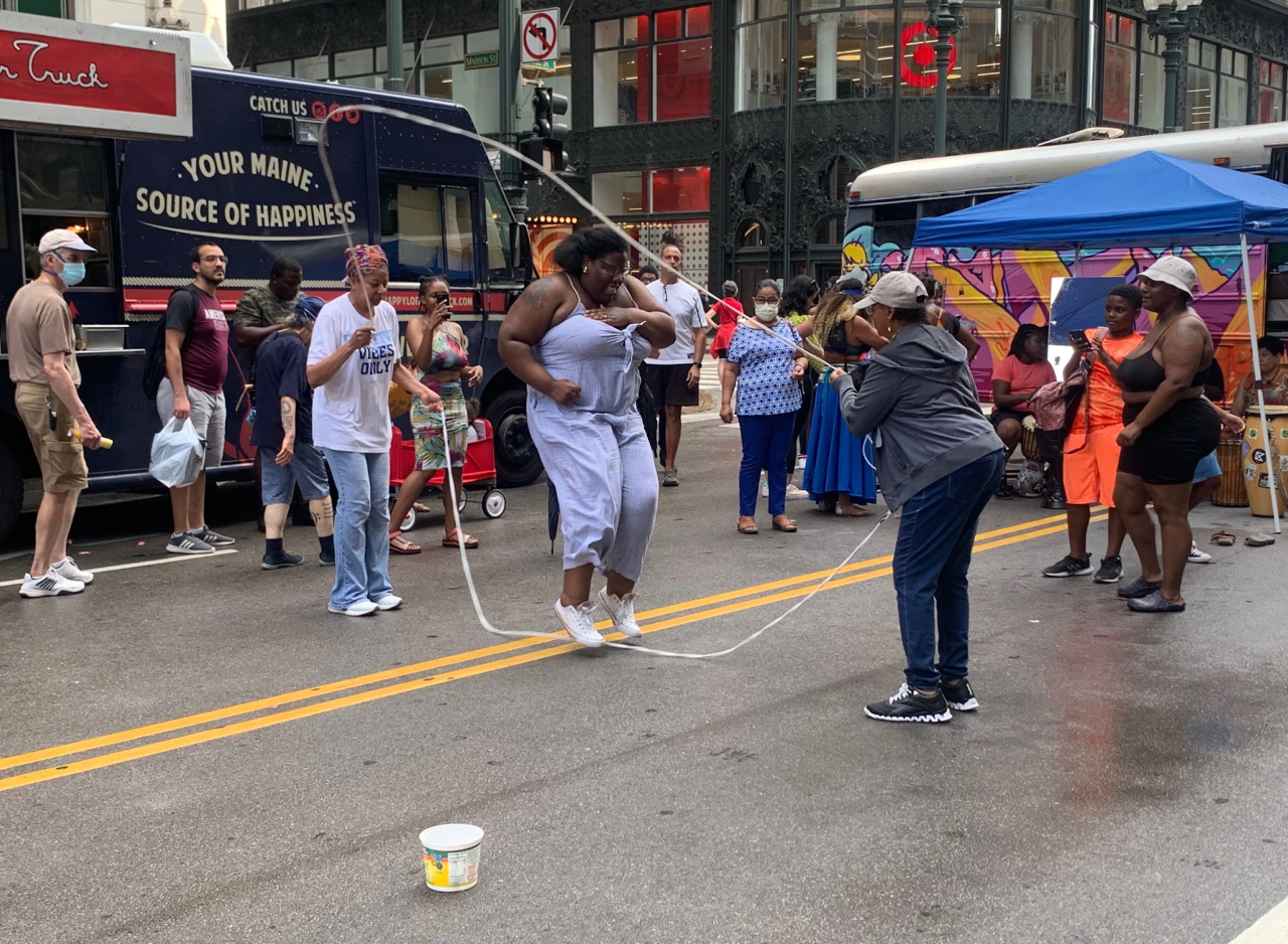 Double Dutch jump-roping with live drumming at Sundays on State. Photo: Sharon Hoyer
