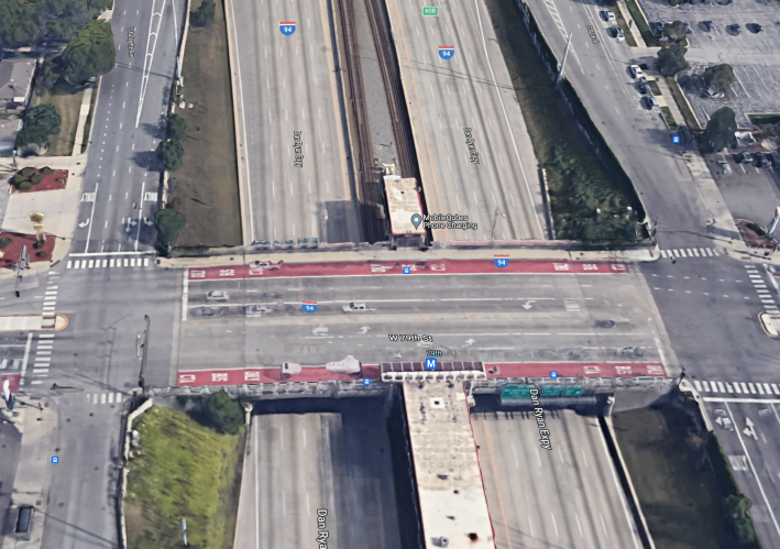 Aerial view of the 79th/Lafayette/Dan Ryan intersection, looking south. Image: Google Maps