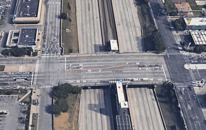 Aerial view of the 87th/Lafayette/Dan Ryan intersection, looking north. Image: Google Maps
