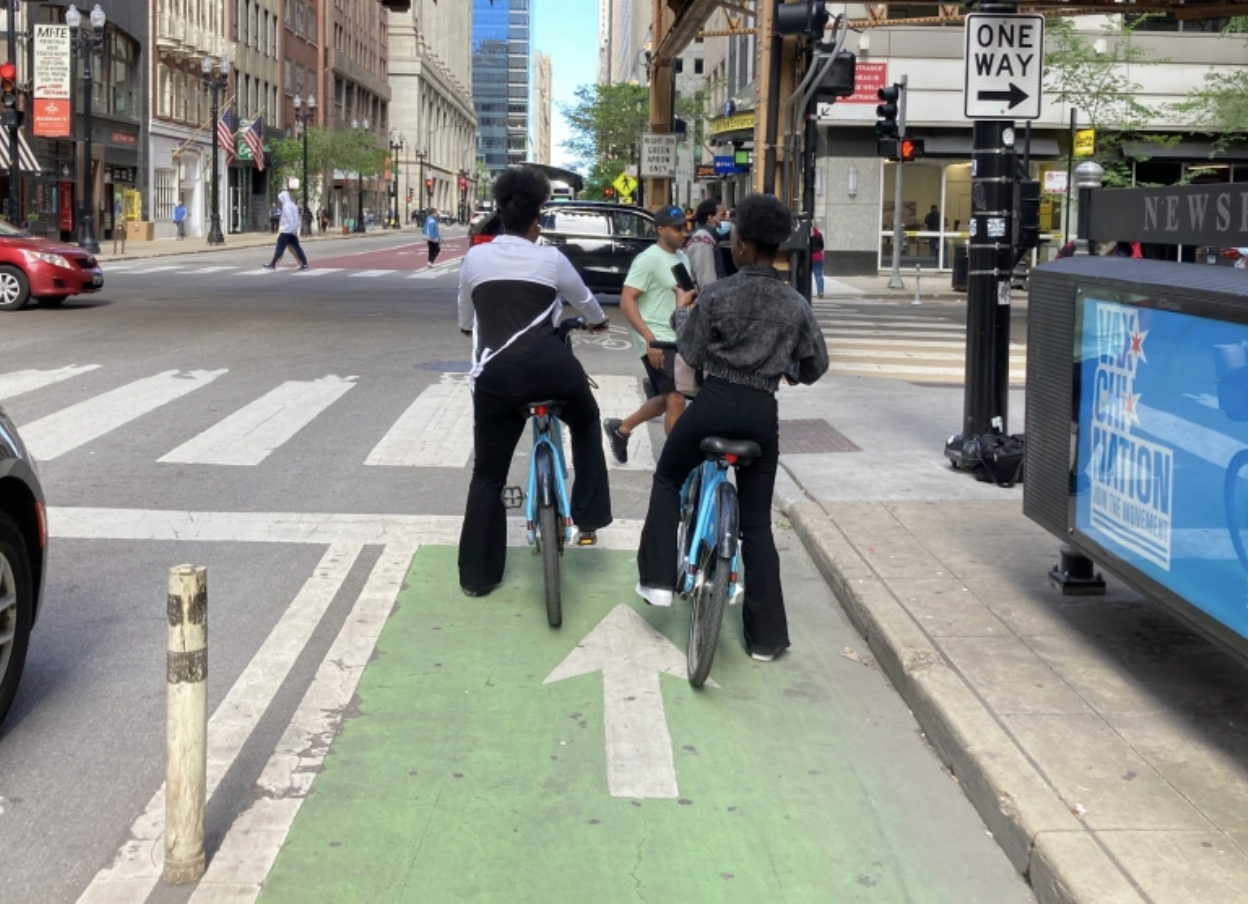 Riding non-electric Divvy bikes in the Loop. Photo: John Greenfield
