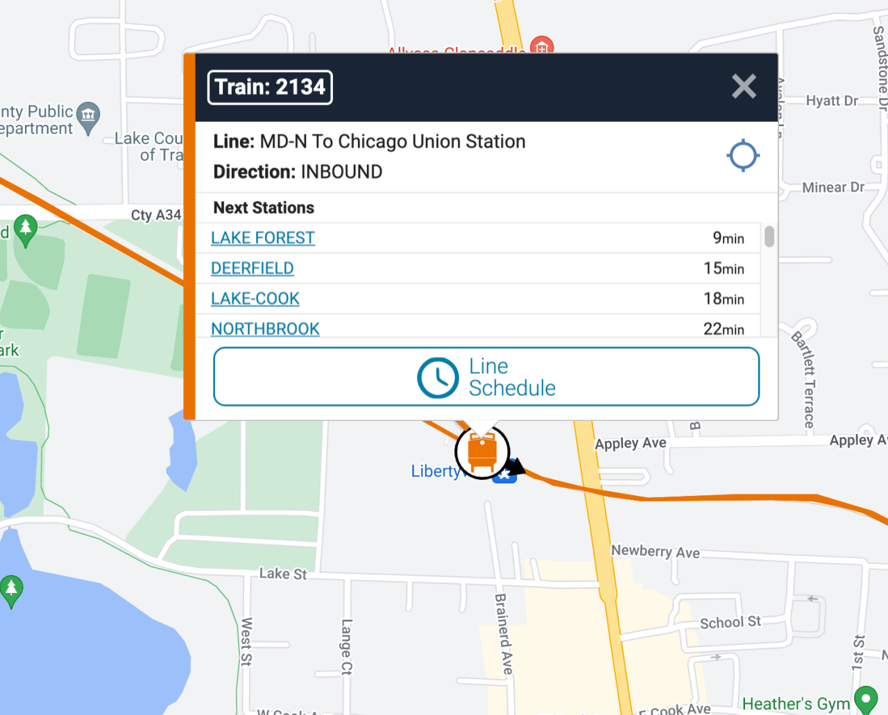 Clicking on a train icon on the map gets you its predicted arrival times at upcoming stations.