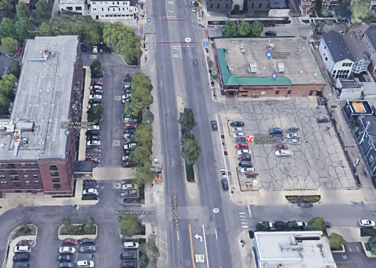 Aerial view of Irving Park/Claremont, looking east. Image: Google Maps