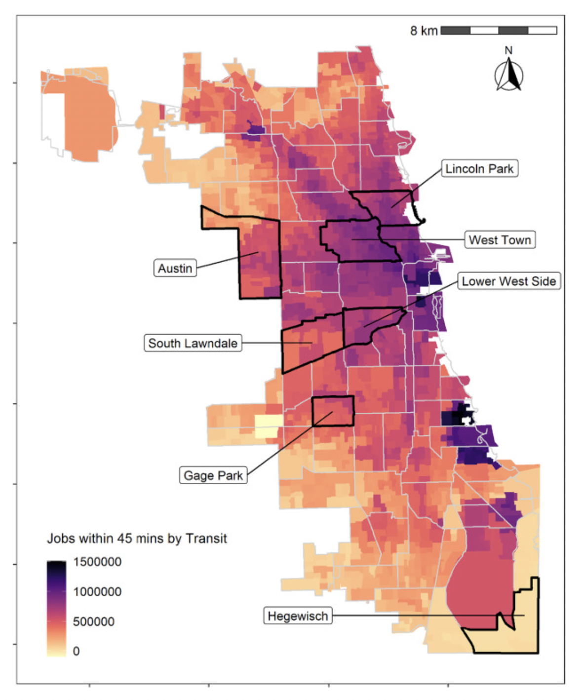 Job access via transit in various Chicago neighborhoods. Image: Equiticity