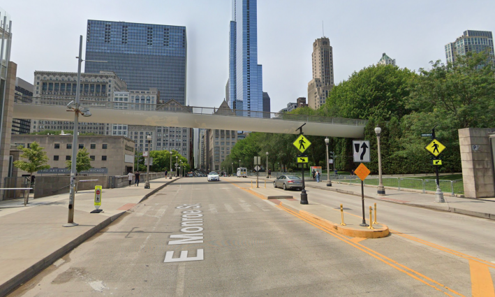 The mid-block crosswalk with RRFB between the Art Institute and Millennium Park. Image: Google Maps