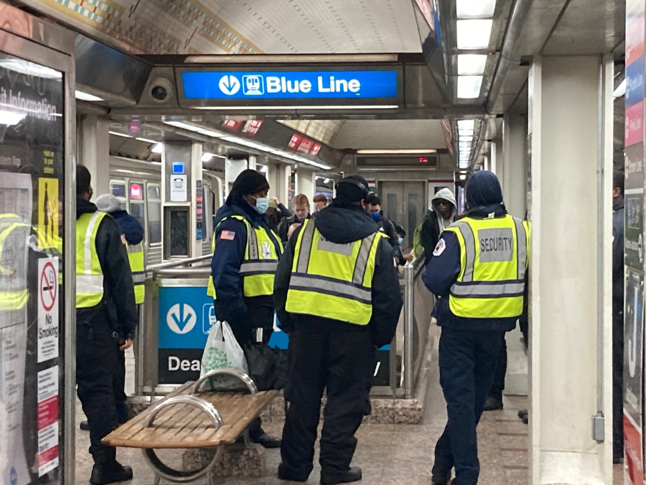 A group of six unarmed security guards on the Red Line's Jackson platform last month. Photo: John Greenfield