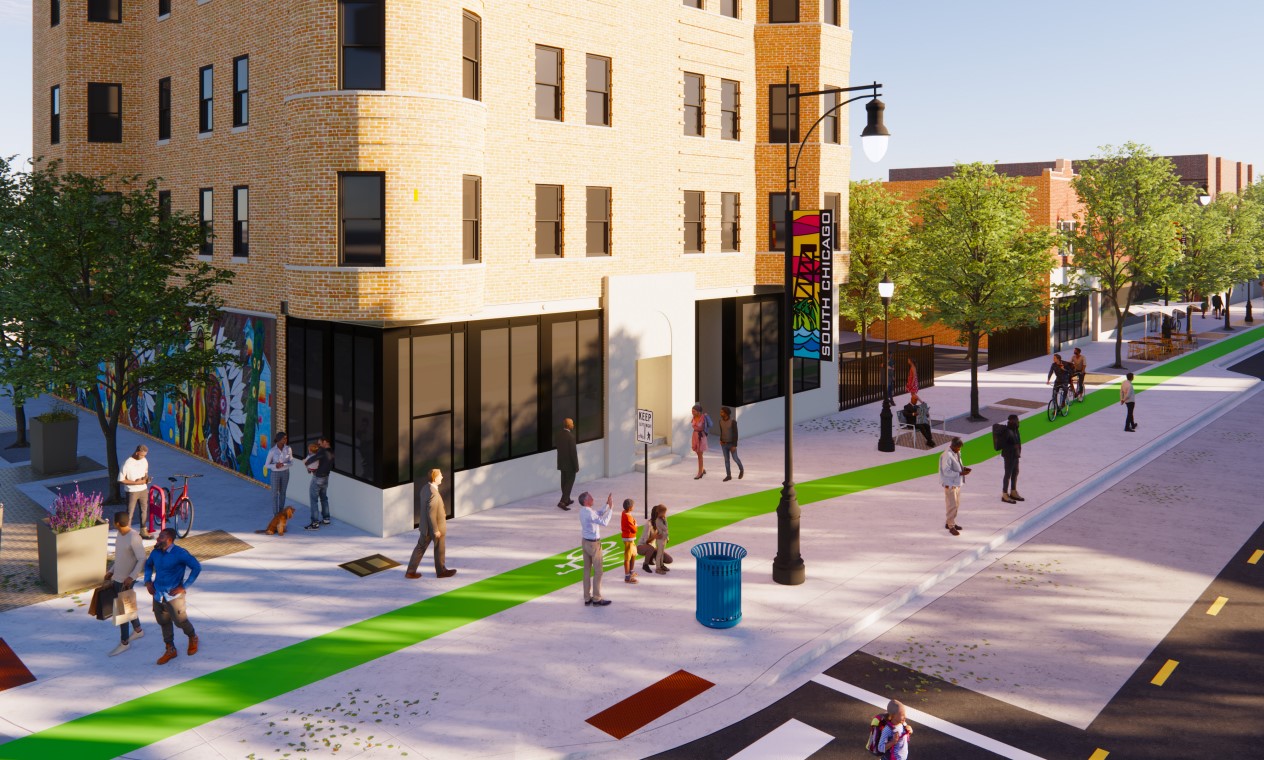 Rendering of sidewalk-level bike lanes on Commercial Avenue in South Chicago.