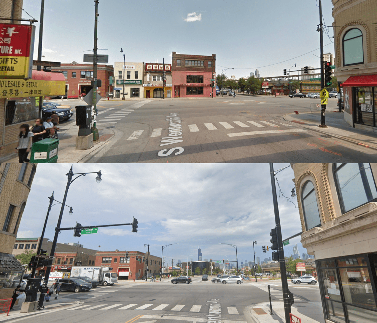 Cermak/Wentworth looking north before and after the street redesign. Images: Google Maps