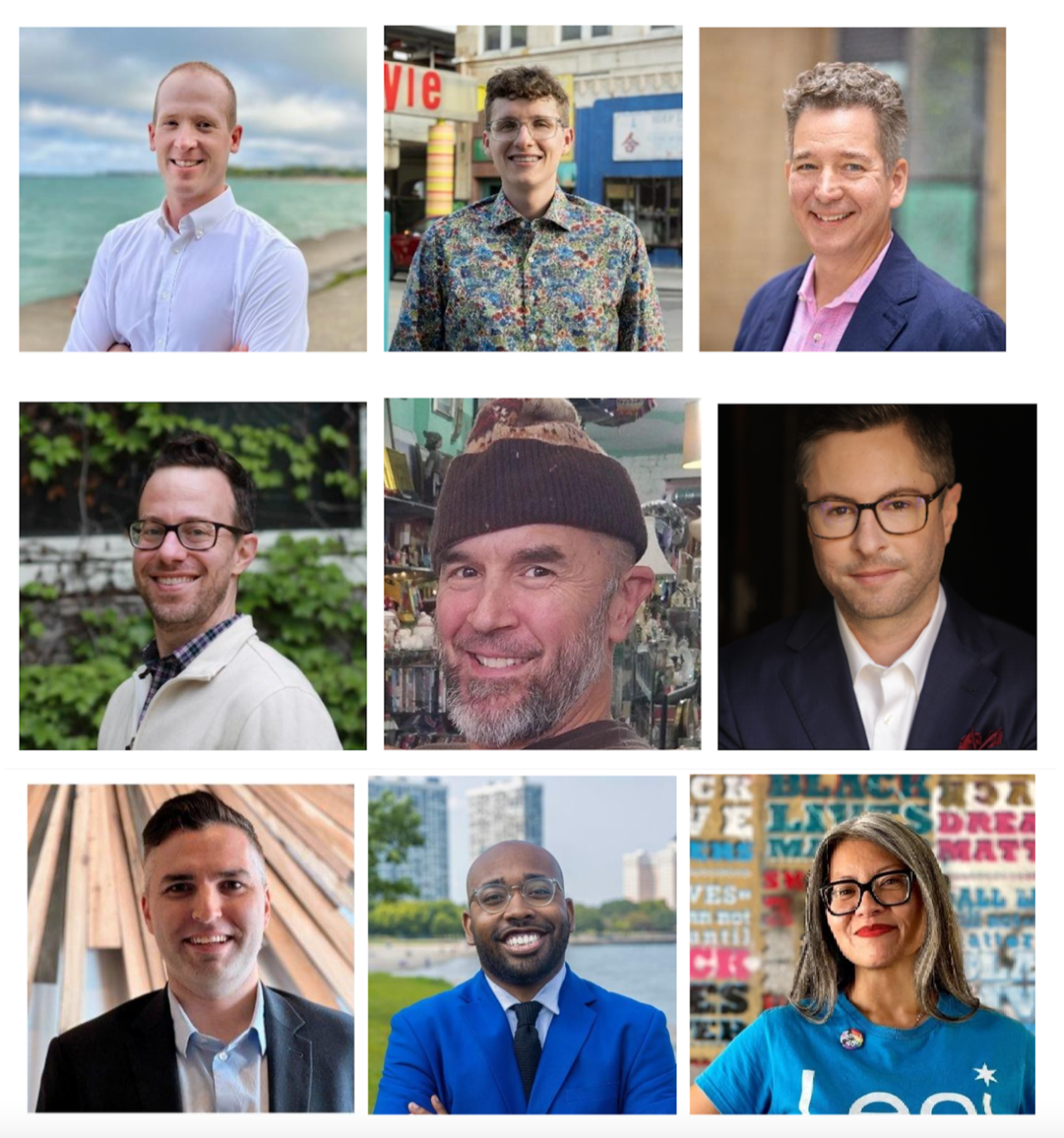 Top: Isaac Freilich Jones, Larry Svabek, Joe Dunne. Middle: Nick Ward, Brian Haag, Andre Peloquin. Bottom: Andy Peters, Nassir Faulkner, Leni Manaa-Hoppenworth.