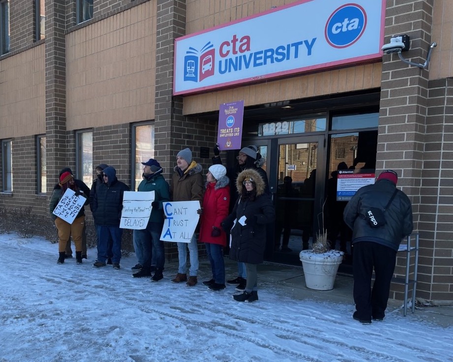 The protesters in front of the CTA training center. Photo: Cameron Bolton