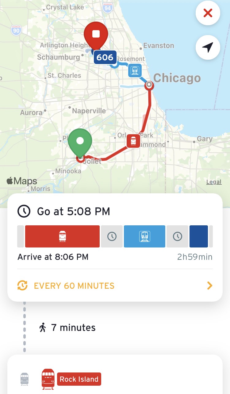 A screenshot from the Transit app showing how to (circuitously) travel from downtown Joliet to Mitsuwa Japanese shopping center in Arlington Heights via the Metra Rock Island Line, the CTA Blue Line, and Pace bus 606.