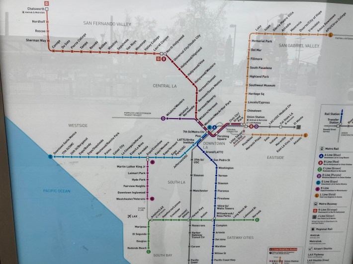 The LA Metro rapid transit system, including trains (circle stations) and bus rapid transit lines (square stations.) Photo: John Greenfield