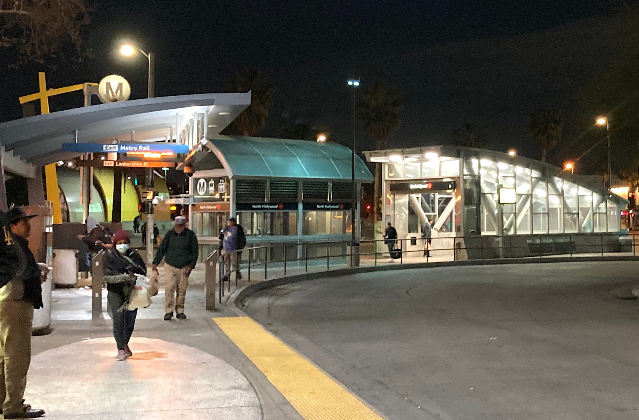 Transferring from the Red Line subway to the Orange Line BRT route at North Hollywood on the way home from the Numero Group fest. Photo: John Greenfield