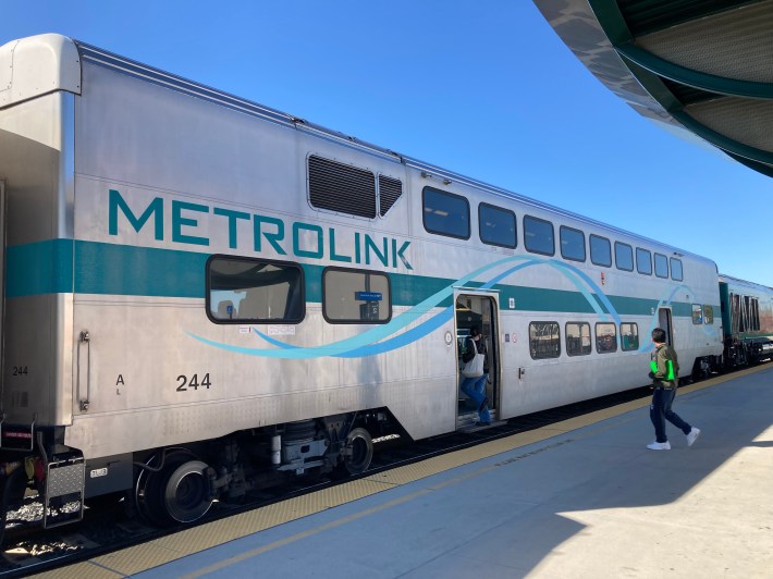 A Metrolink commuter train at Van Nuys station. Photo: John Greenfield