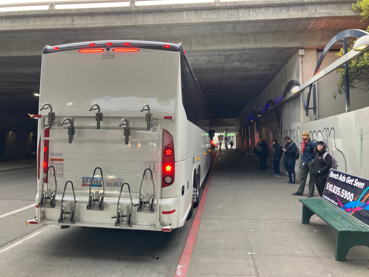 A bus with five vertical bike racks in Oakland. Photo: John Greenfield
