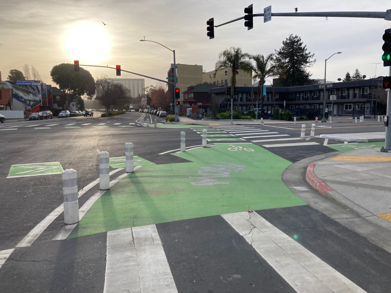 A bike lane with a protected intersection treatment in Oakland's Mosswood neighborhood. Photo: John Greenfield