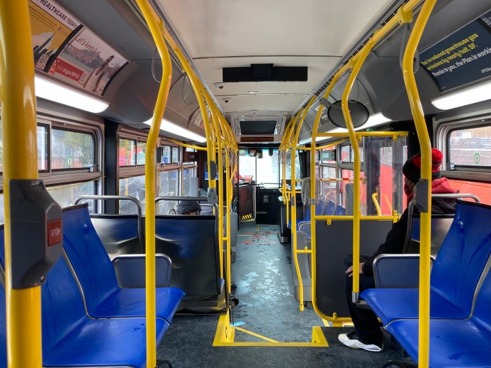 The interior of a Muni bus on a rainy day. Photo: John Greenfield