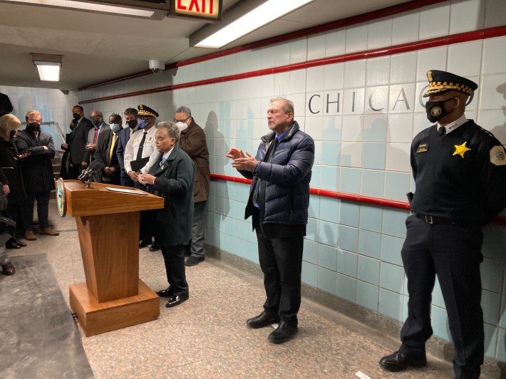 Lightfoot at a March 2022 press conference on increasing the number of unarmed CTA guards. Photo: John Greenfield