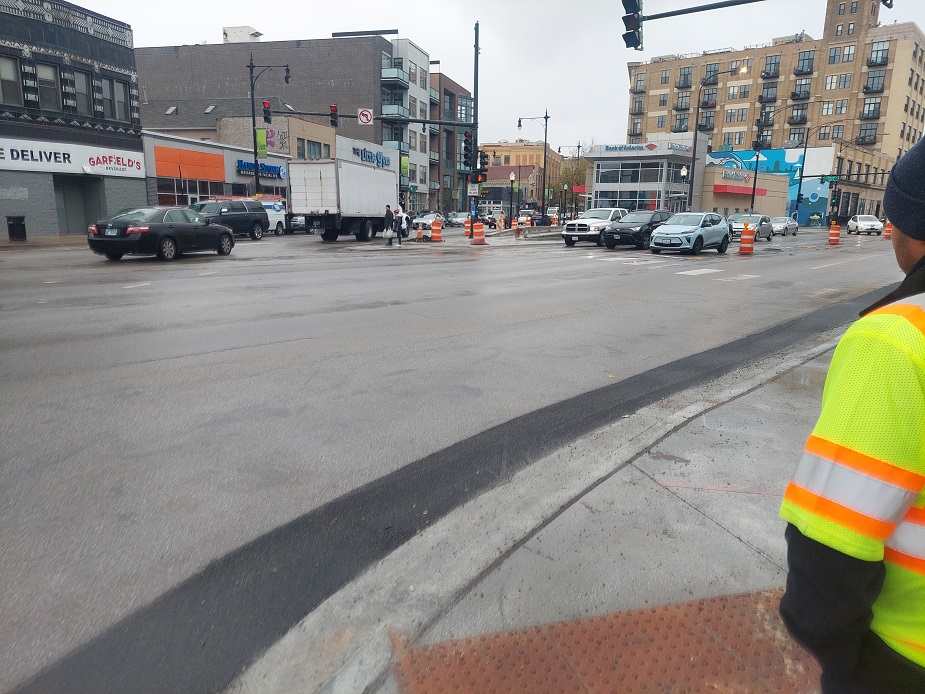 A sidewalk extension under construction at the south corner of Belmont/Ashland/Lincoln last November. Photo: 32nd Ward