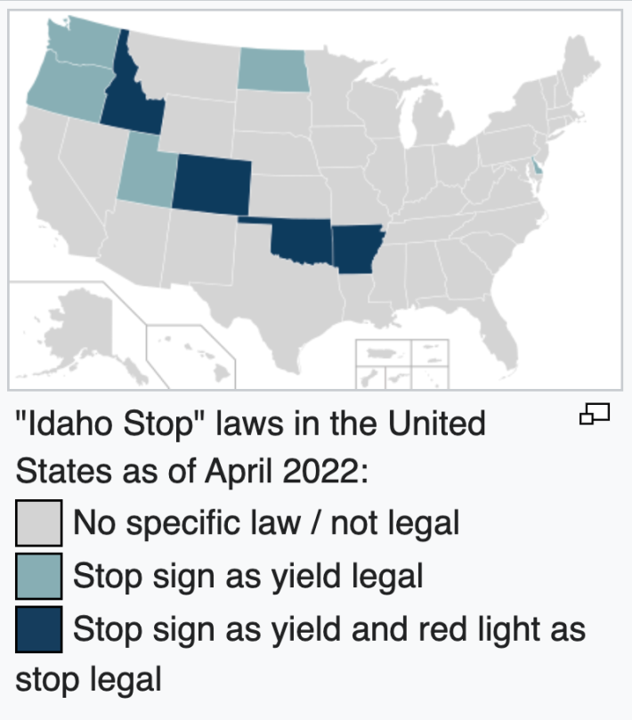 Where the Idaho Stop is currently legal. Image: Wikipedia
