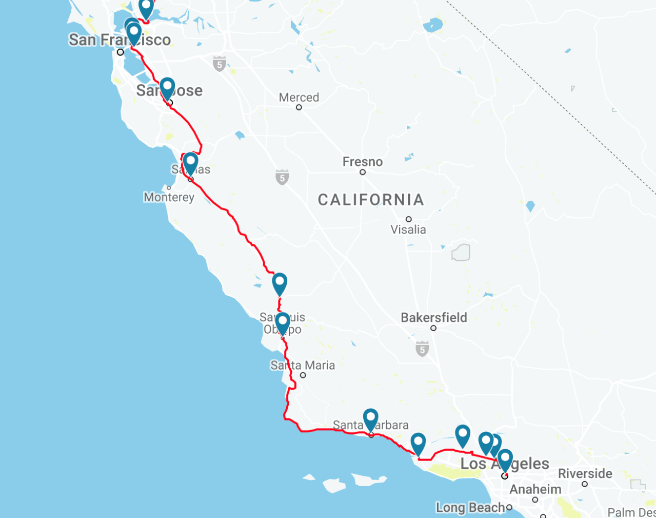 The Coast Starlight route between LA and the Bay Area. Image: Amtrak