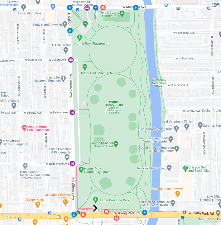 This map shows the many entrances to Horner Park by car (purple icons with car) and foot/bike (blue icons with pedestrian), plus the locations of the speed cameras on Irving Park (red icons with police cars) and the red light cameras on Montrose and Irving Park (red icon with stoplight) The walking route taken by the Illinois Policy rep in the video is shown as a pink line. Image: John Greenfield via Google Maps