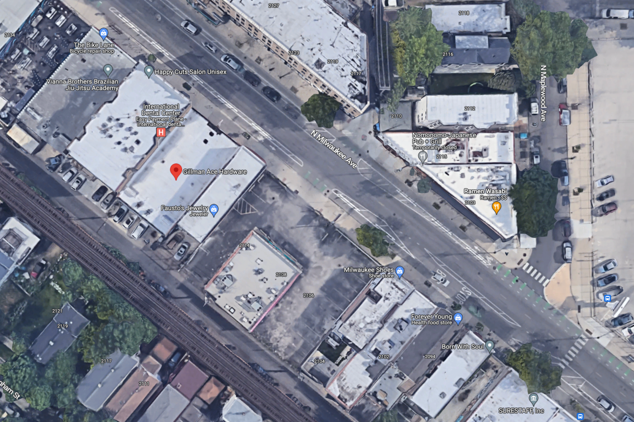 Aerial view of the Gillman's site, including the nearby, unused parking lot of the shuttered Farmer's Pride grocery store. Image: Google Maps
