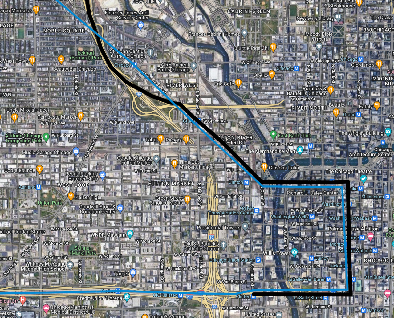 The Blue Line route (blue) and a possible route for express service (black.) Image: Google Maps