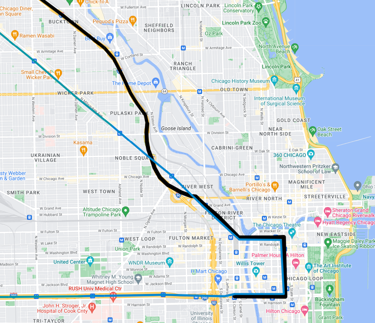 The Blue Line route (blue) and a possible route for airport express service (black.) Image: Google Maps