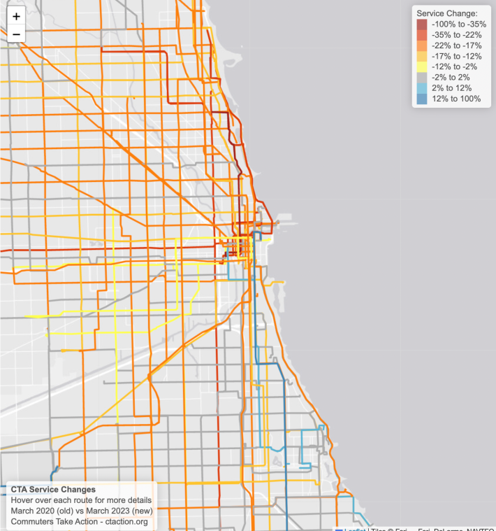 Screenshot of Commuters Take Action's service reduction map