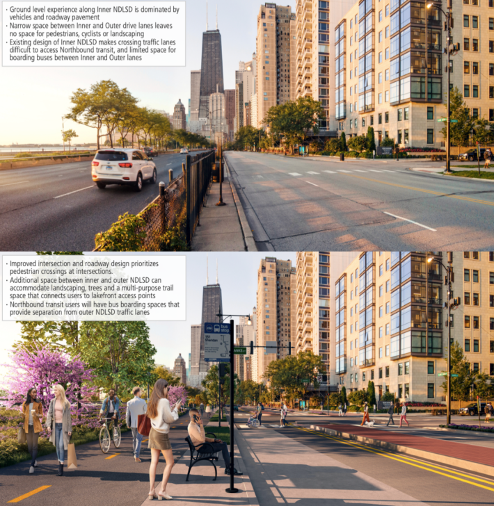 Before-and-after renderings of Bank Street (1330 N.) and DLSD, looking south.