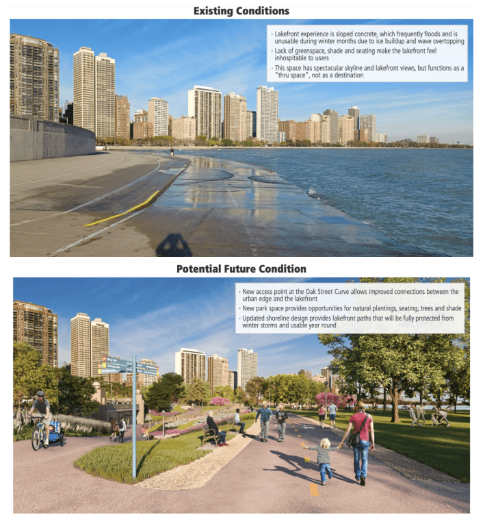 Before-and-after renderings of the Lakefront Trail at Oak Street, looking north.
