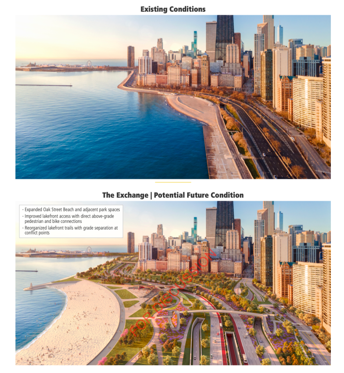 Before-and-after renderings of DLSD at Oak street Beach looking south, with an even wider highway.