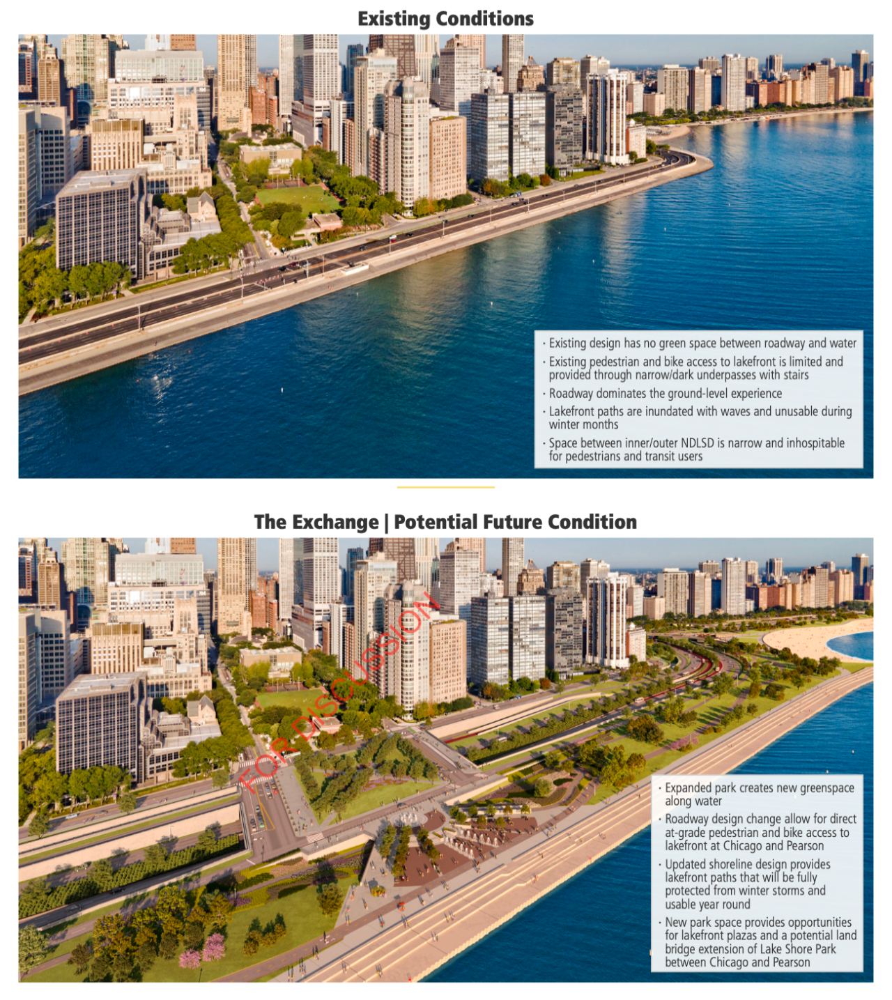 Before-and-after renderings of the lakefront at Chicago Avenue, looking northwest. This version of the after rendering includes bus lanes.