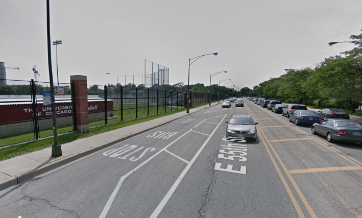 A bus stop along the 55th Street parking-protected bike lanes. Image: Google Maps