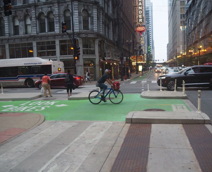 The intersection of the Randolph and Dearborn protected bike lanes. Credit: Barry Kafka
