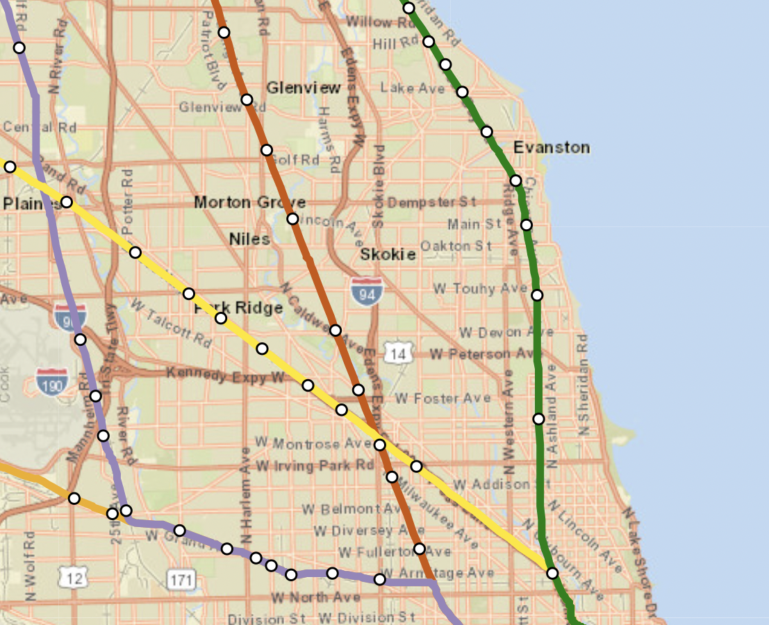 The four lines that parallel the Kennedy and Edens expressways UP-N (green), MD-N (red), UP-NW (yellow), and NCS (purple.) Image: Metra