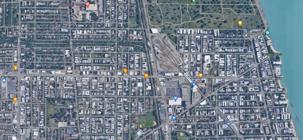 The project area: Howard Street between Asbury / Western and Sheridan. Image: Google Maps