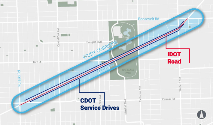 The project area. IDOT has jurisdiction over the main travel lanes, but CDOT controls the service drives. Image: CDOT