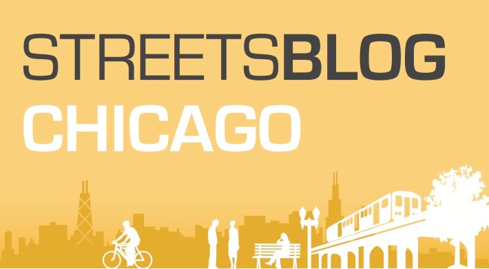 Streetsblog Chicago banner with silhouettes of commuters in the foreground and the L and downtown skyline the background.